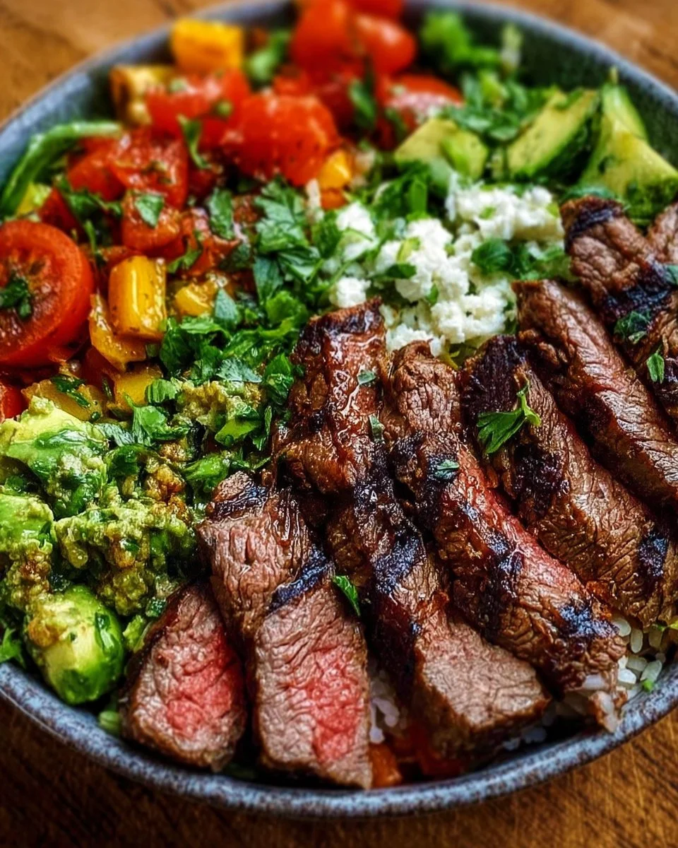 Healthy steak bowl with fresh vegetables and grains for a nutritious meal.
