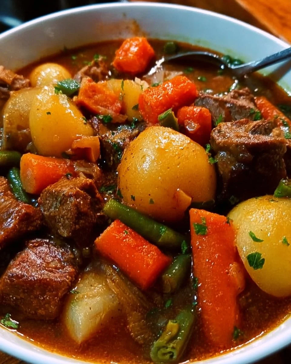 Bowl of hearty meat and vegetable stew garnished with fresh herbs