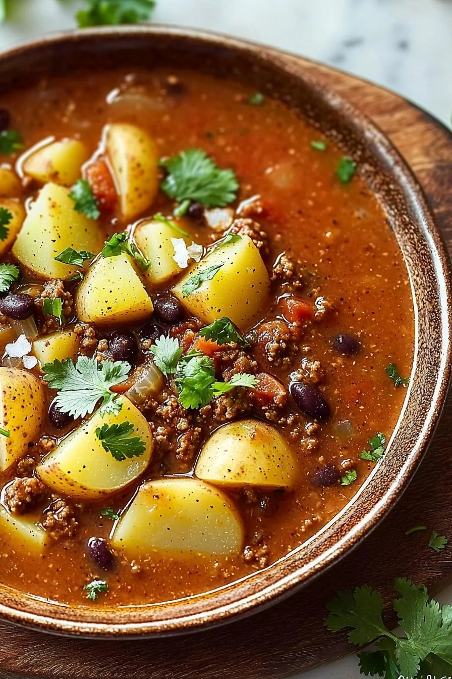 Hearty Mexican Ground Beef Potato Soup served in a bowl with fresh herbs