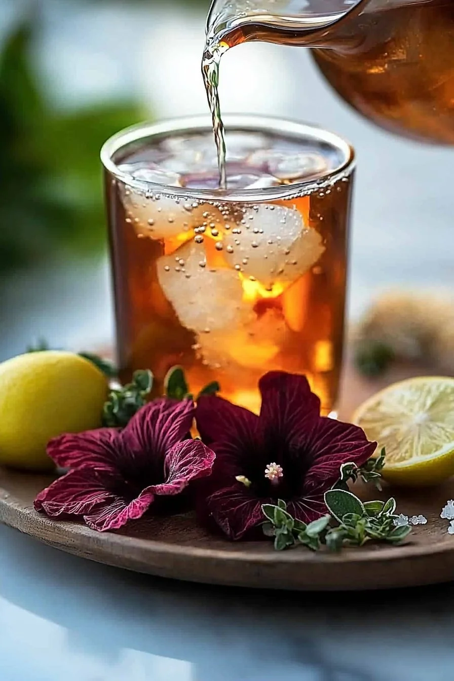 Cup of Hibiscus Tea with vibrant red color and fresh hibiscus flowers