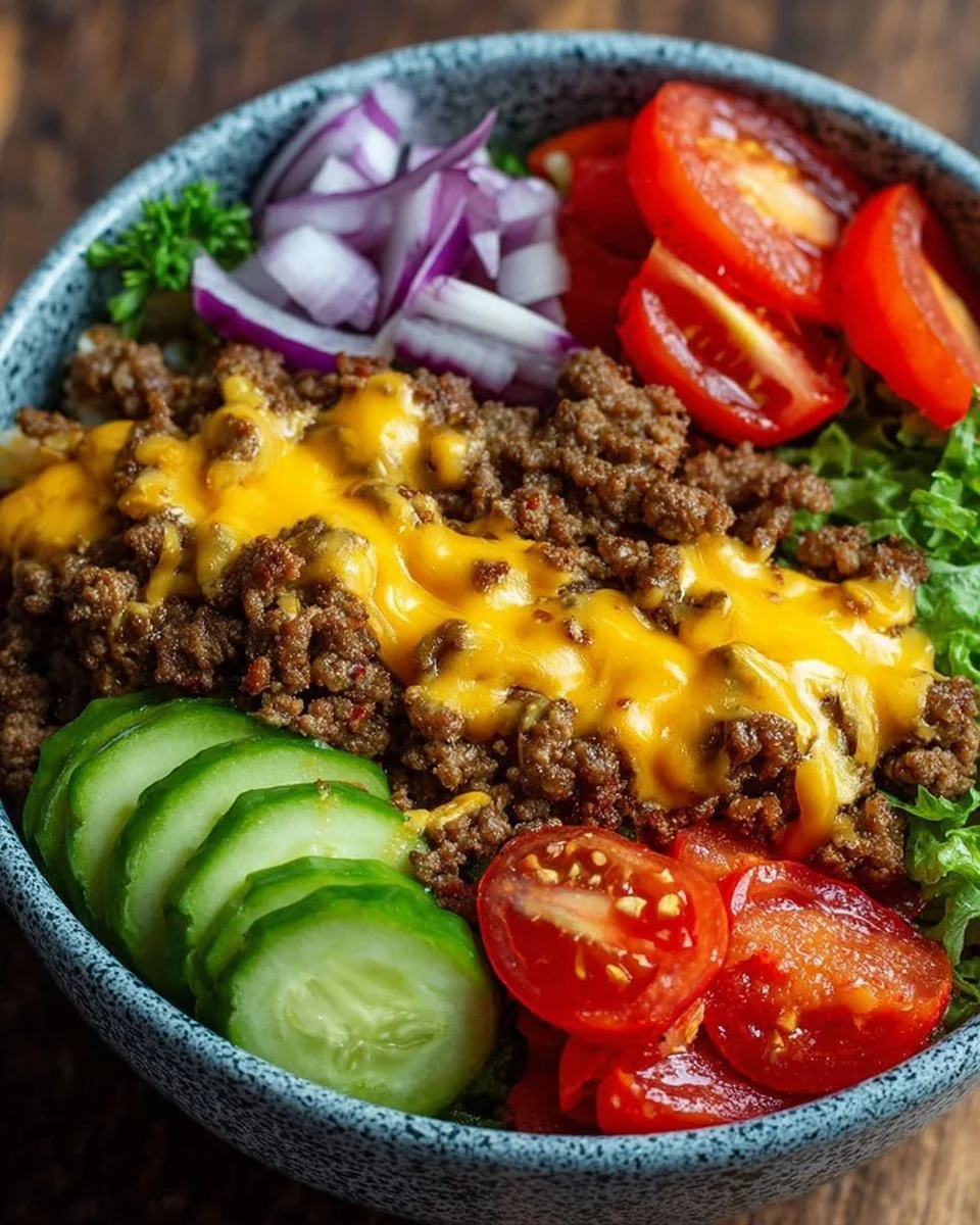 High-protein cheeseburger bowls with fresh toppings and ingredients