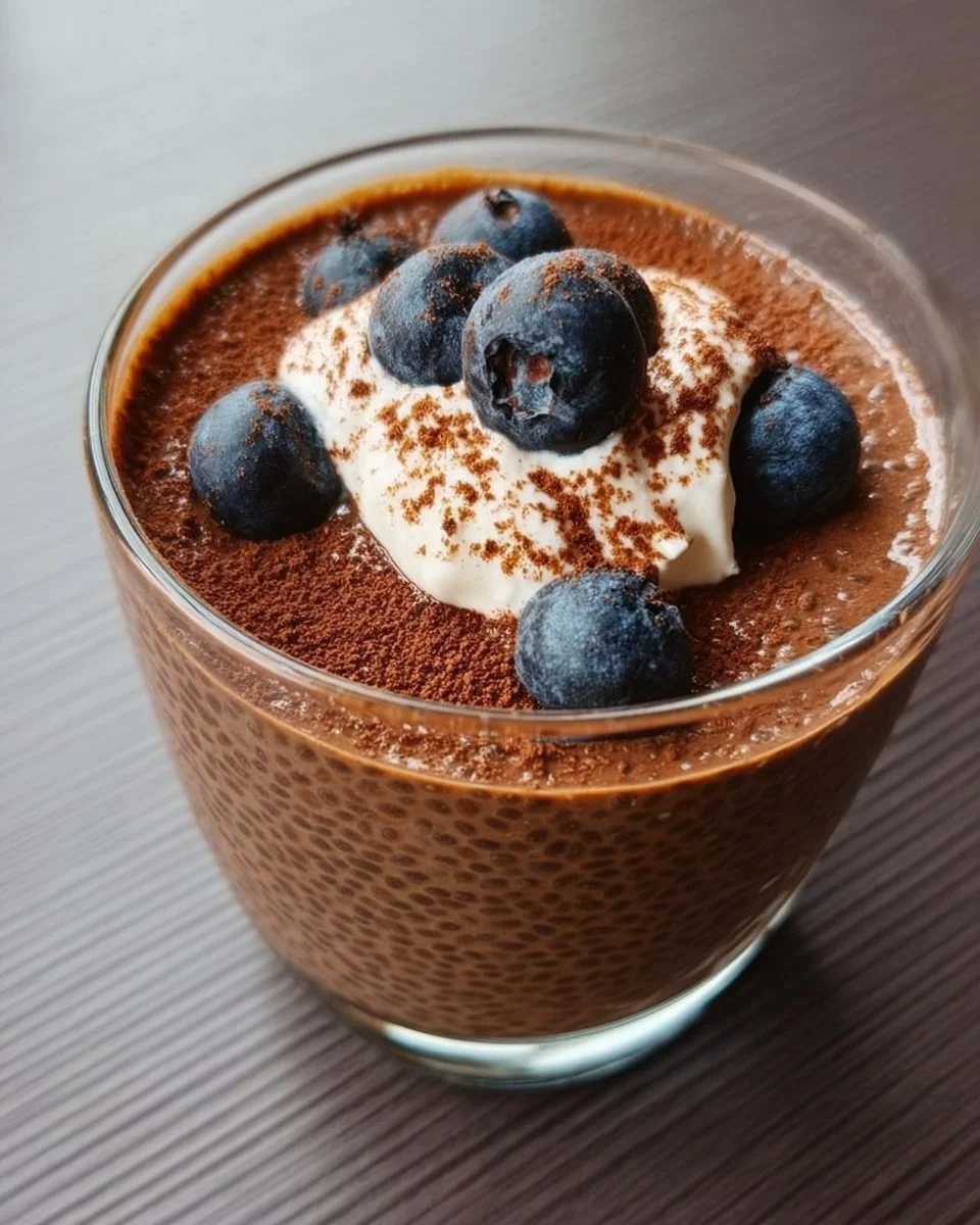 High protein chocolate chia seed pudding in a bowl with chia seeds and dark chocolate.