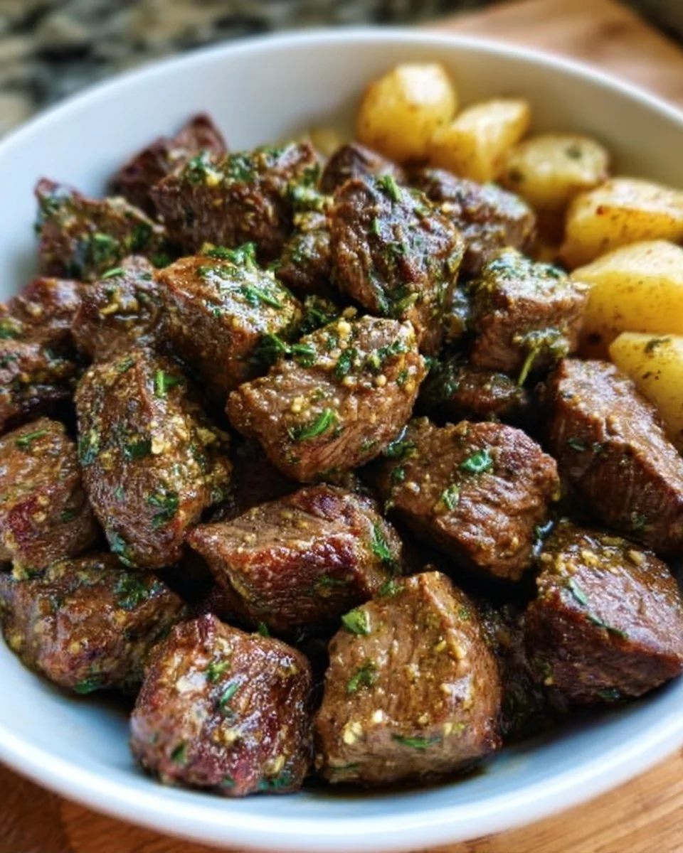 High protein slow cooker garlic butter beef bites ready to serve