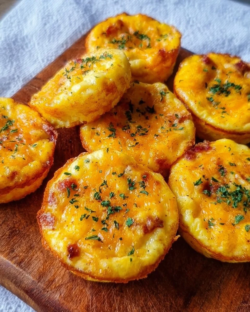 Homemade baked egg bites served on a plate with fresh vegetables.