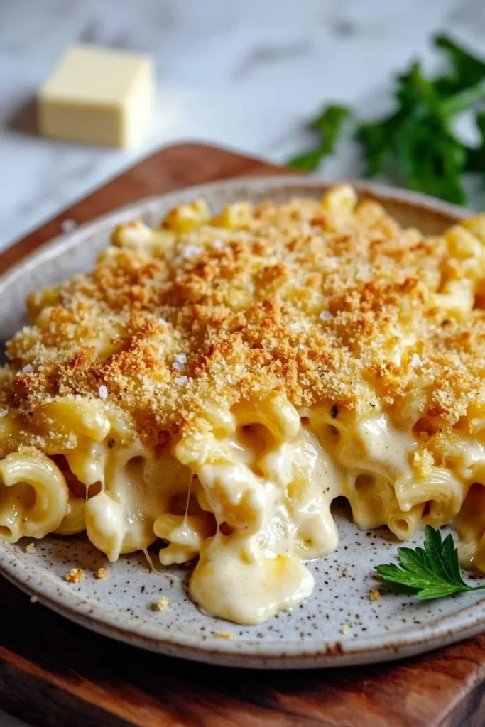 A creamy dish of homemade baked mac and cheese topped with golden breadcrumbs.
