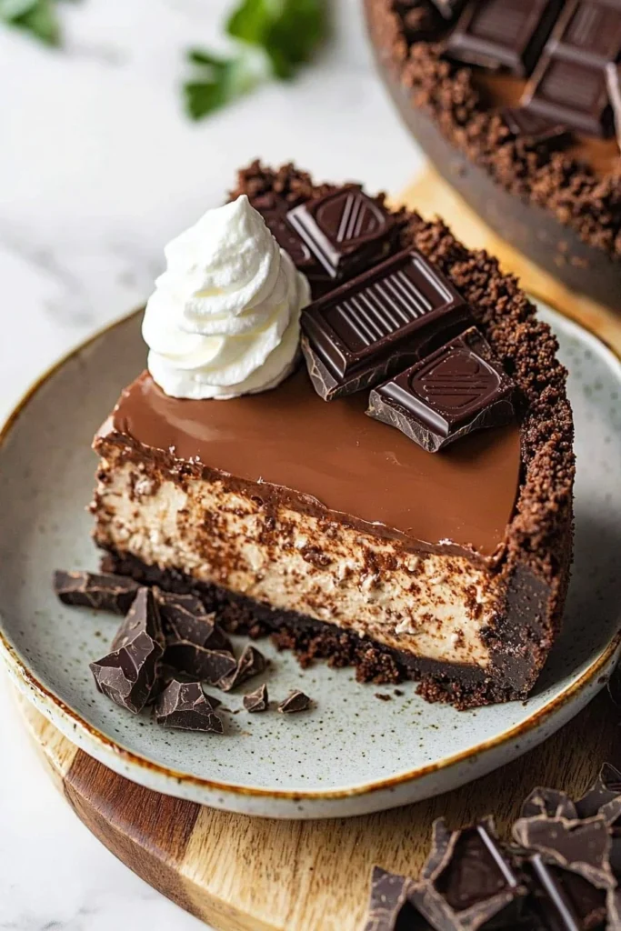 Delicious homemade chocolate bar cheesecake topped with chocolate chunks
