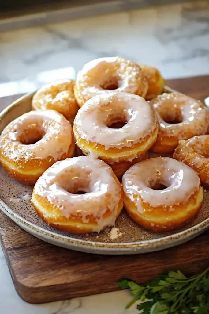Freshly made homemade glazed doughnuts on a cooling rack