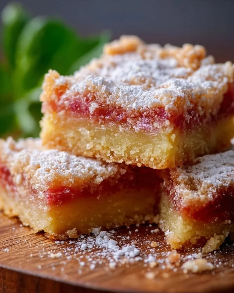 Homemade lemon rhubarb bars with tart lemon and sweet rhubarb filling