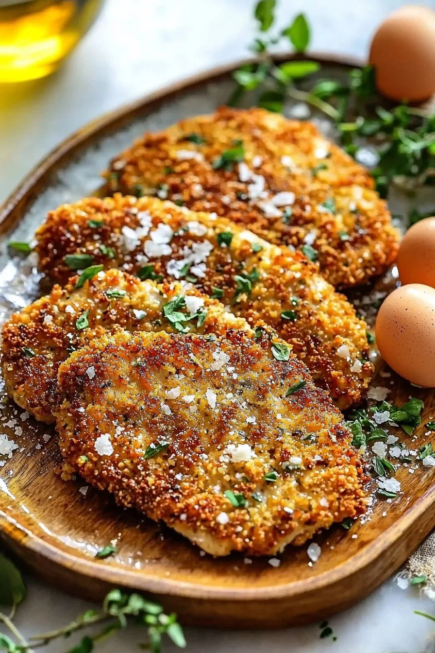 Delicious homemade Mediterranean chicken cutlets served on a plate with herbs