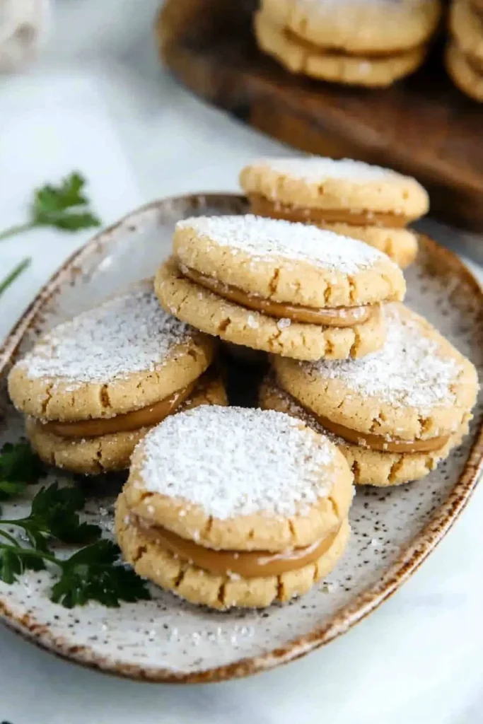 Delicious homemade peanut butter sandwich cookies stacked on a plate