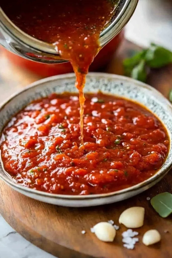 Homemade pizza sauce in a bowl with fresh ingredients