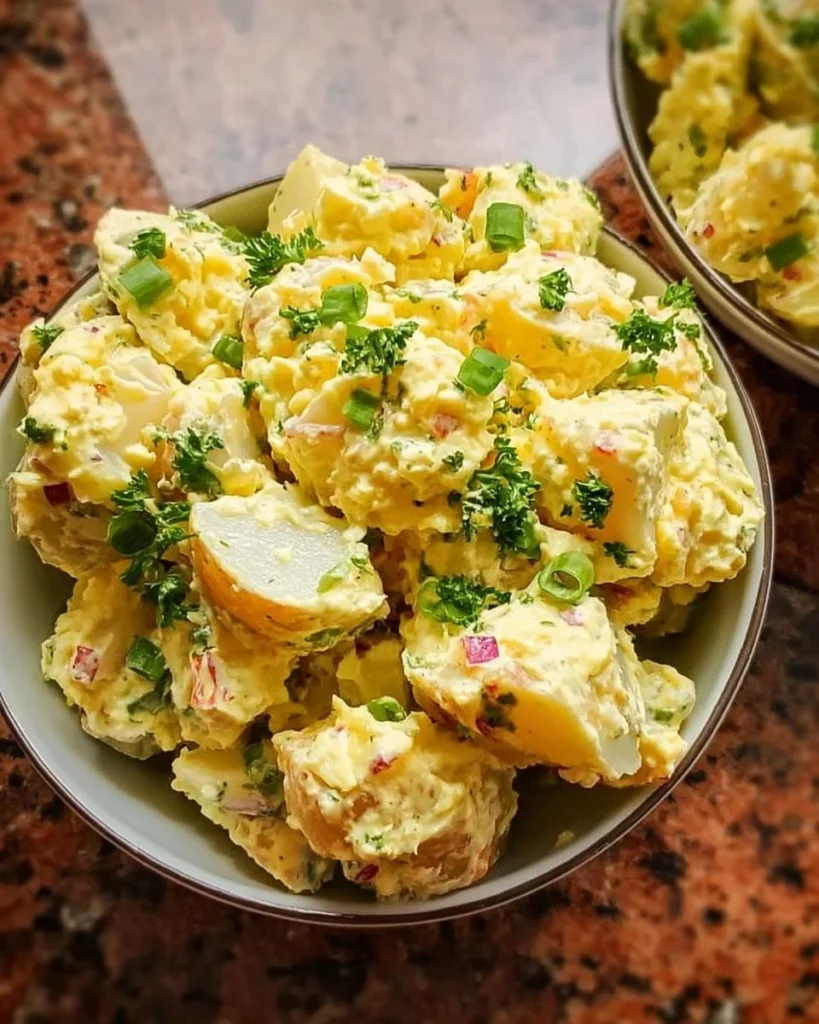 Bowl of homemade potato salad prepared for a large crowd