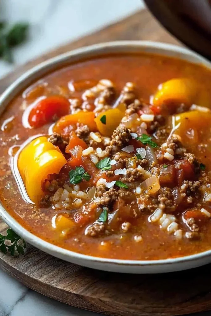 Bowl of homemade stuffed pepper soup with colorful bell peppers and ground meat