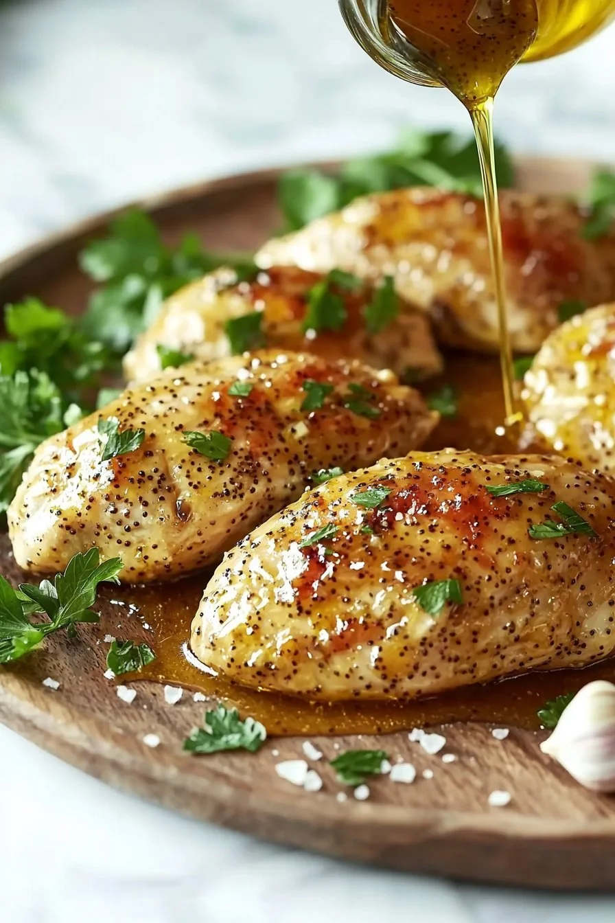 Deliciously glazed Honey Dijon Chicken served on a plate with fresh herbs