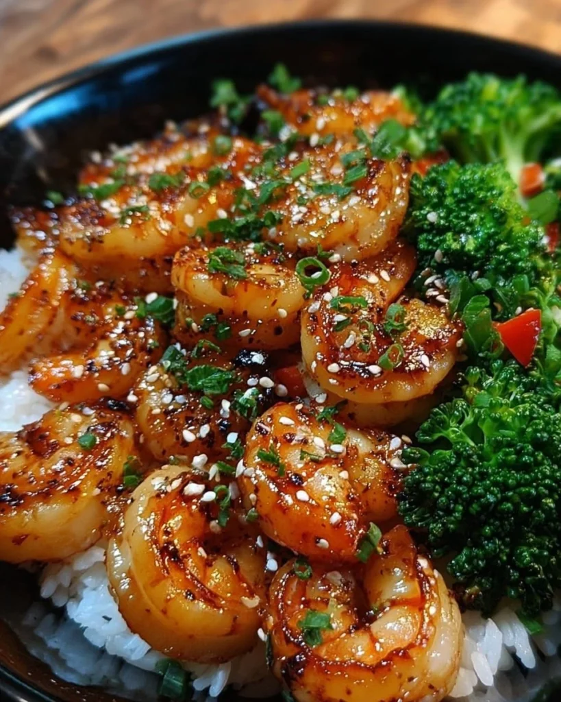 A colorful bowl of Honey Garlic Shrimp served with rice and vegetables.