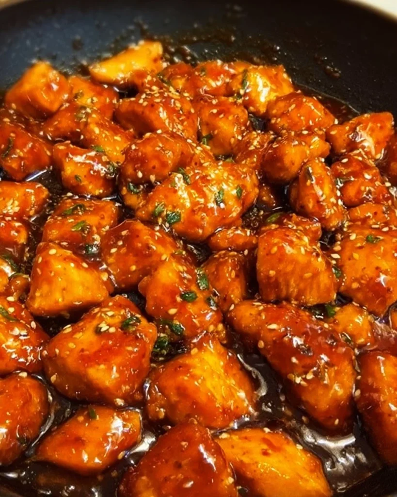 Plate of Honey Sriracha Chicken garnished with green onions and sesame seeds