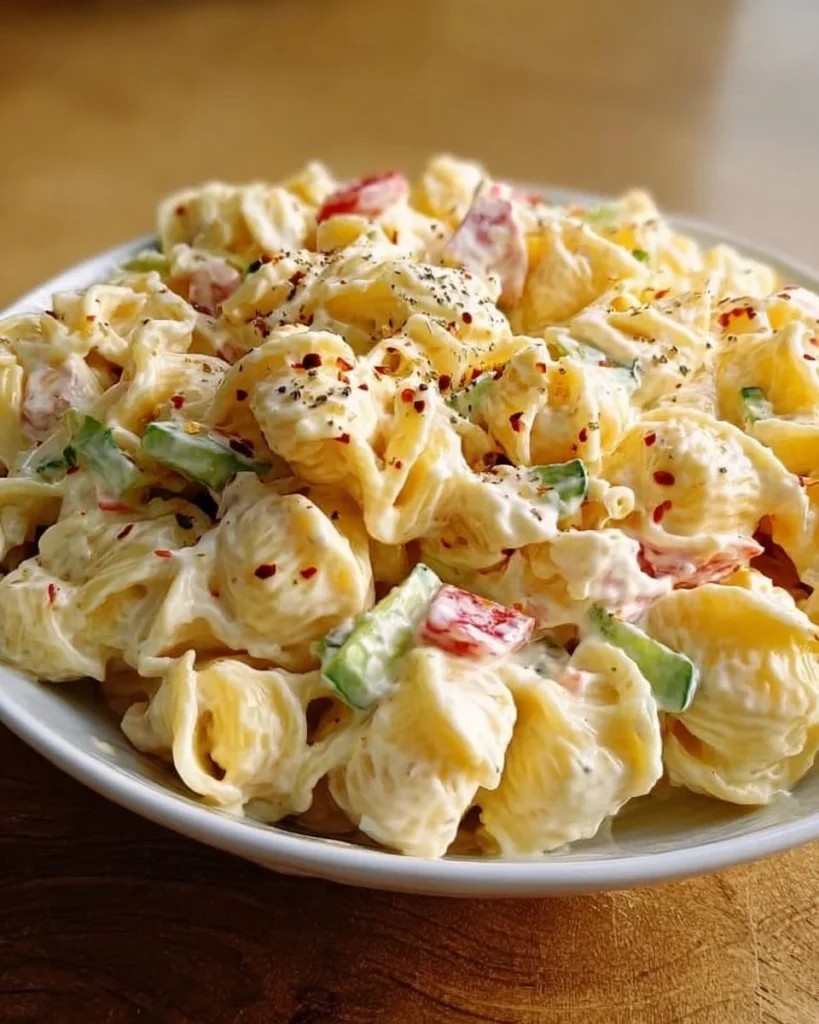 Bowl of creamy Amish pasta salad with vegetables and dressing