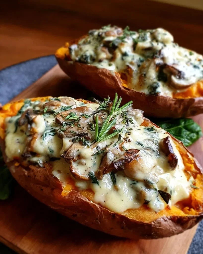 Creamy mushroom stuffed sweet potatoes topped with herbs and spices