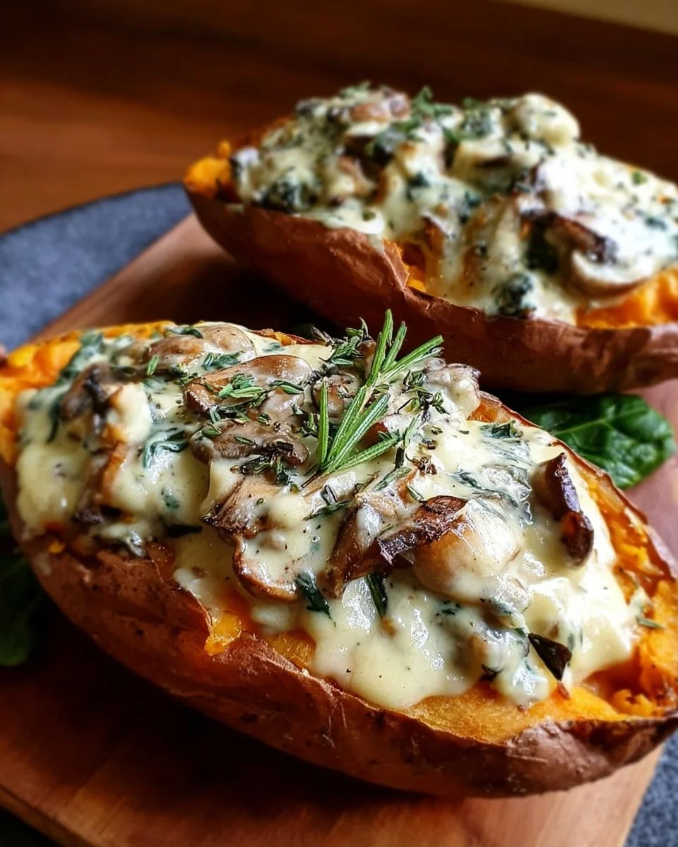 Irresistible Creamy Mushroom Stuffed Sweet Potatoes