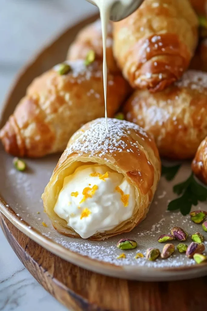 Delicious Italian cannoncini filled with creamy custard and dusted with powdered sugar