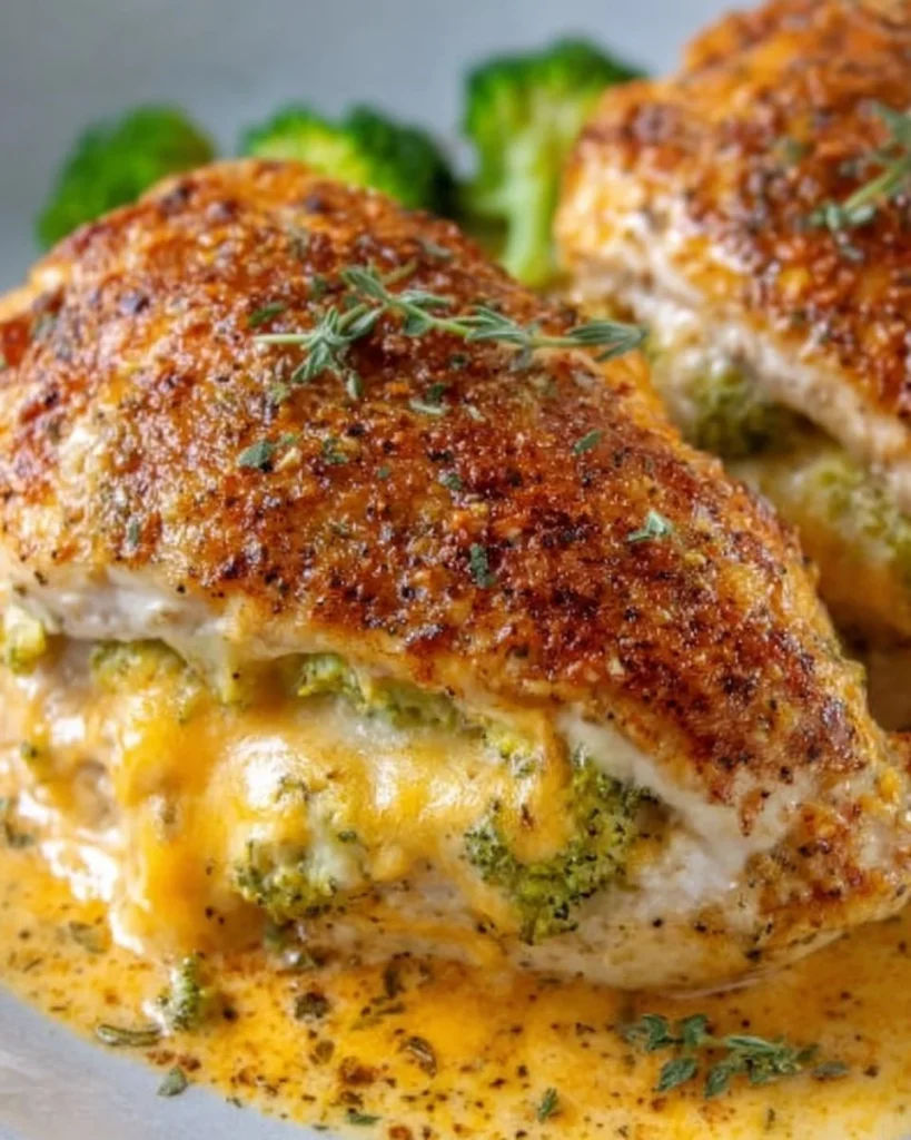 Keto broccoli cheddar stuffed chicken on a plate garnished with herbs