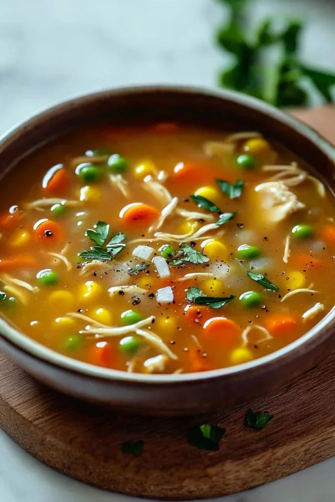 Bowl of last minute soup ready to serve with fresh ingredients.