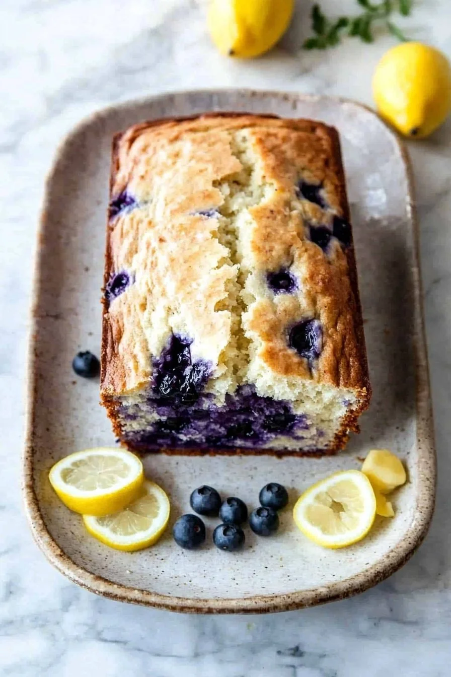 Freshly baked Lemon Blueberry Bread on a wooden table