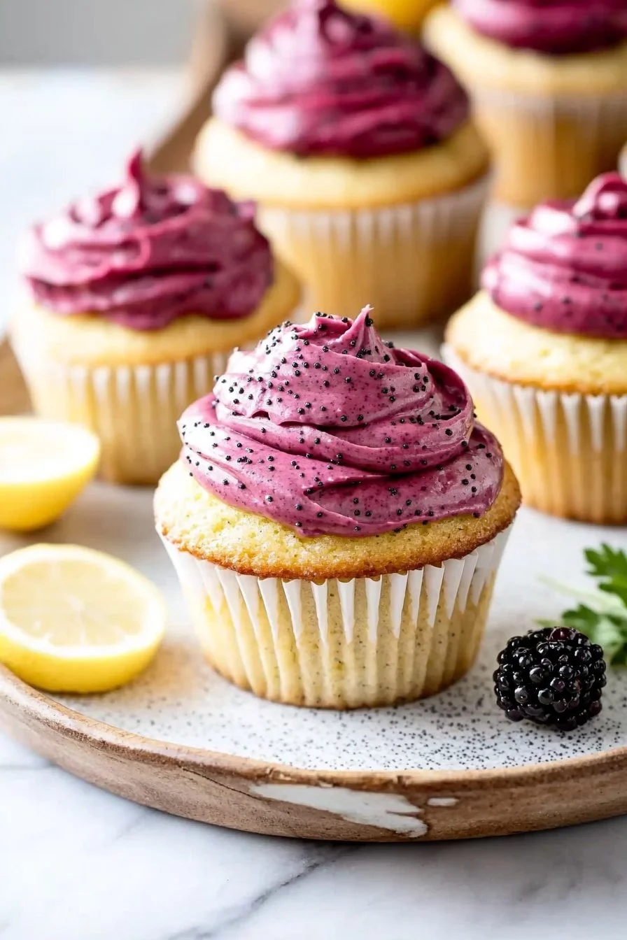 Lemon poppy seed cupcakes topped with blackberry frosting on a decorative plate