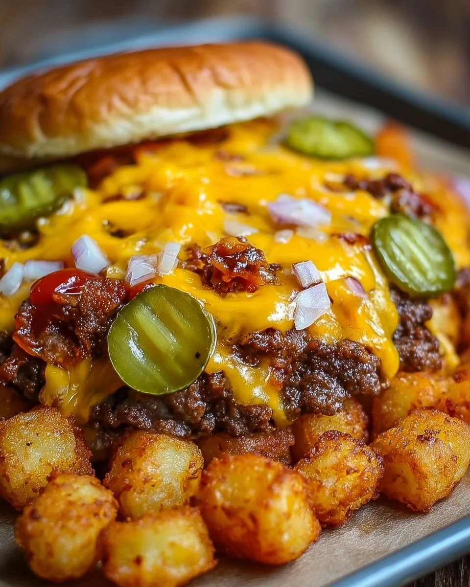 Loaded beef cheeseburger tater topped with fresh ingredients and melted cheese