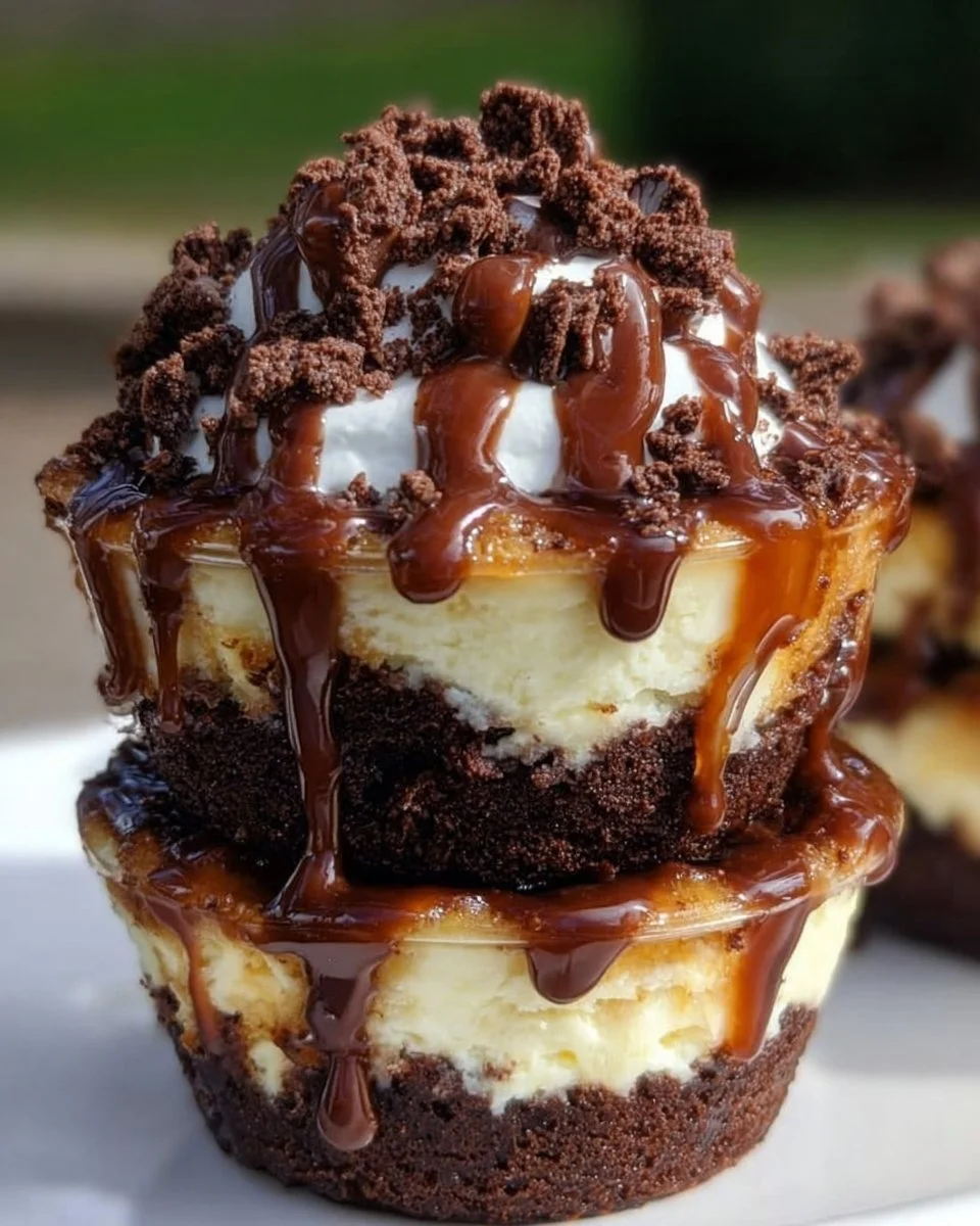 Loaded brownie cheesecake cups with chocolate drizzle and toppings.