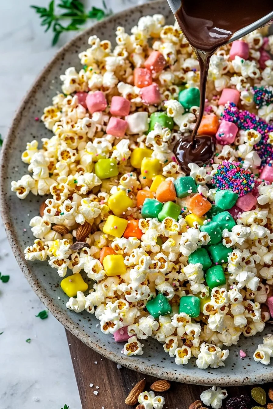 A vibrant bowl of loaded colorful festive popcorn with holiday decorations.