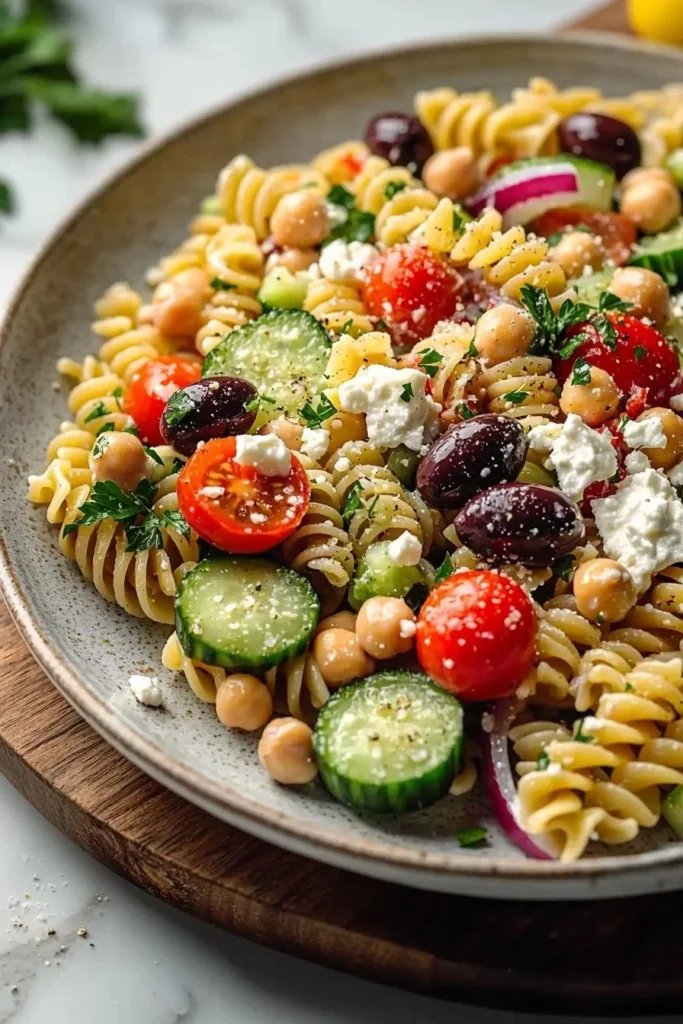 Mediterranean high protein pasta salad without mayo, filled with fresh ingredients