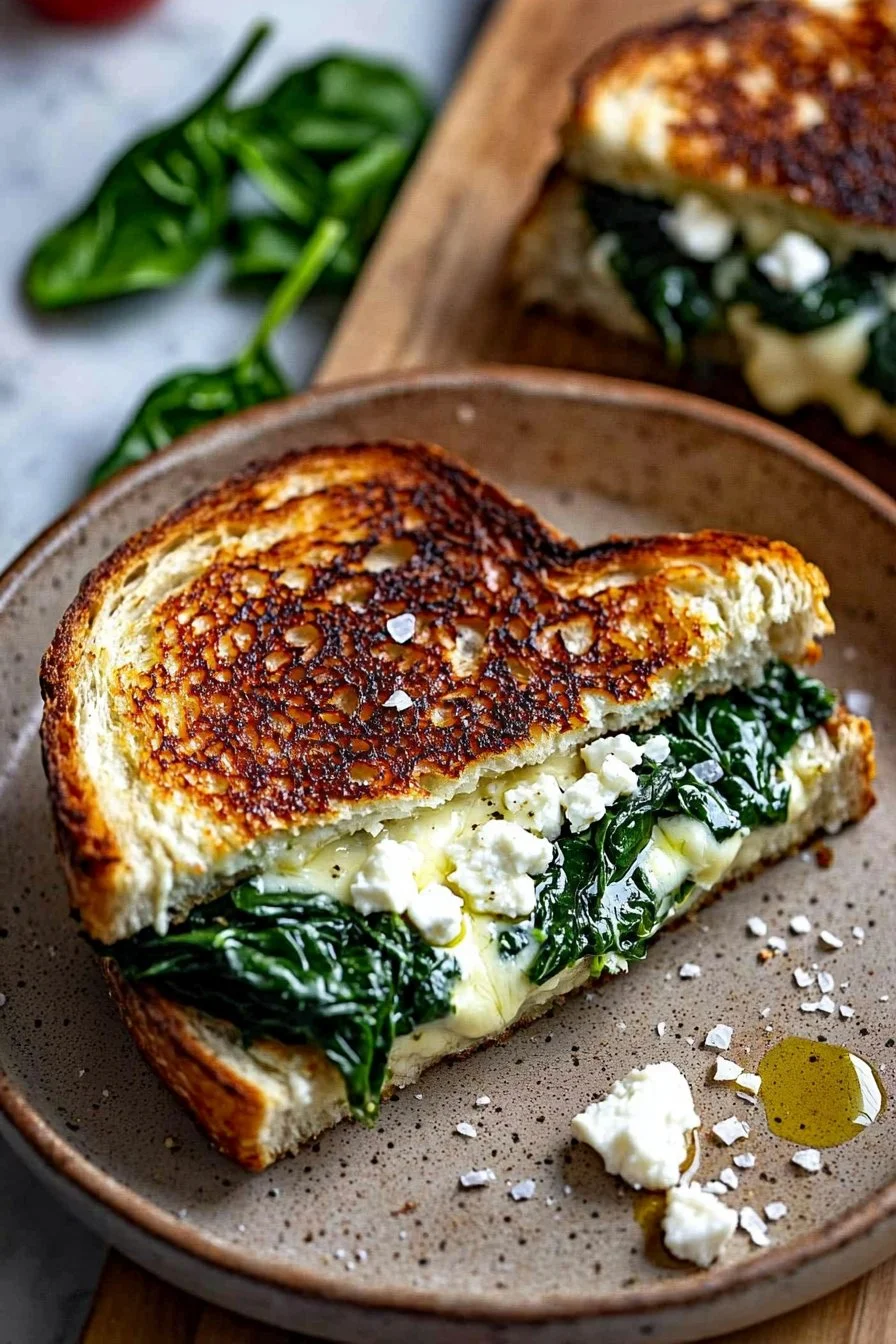 Mediterranean Spinach Grilled Cheese sandwich with melted cheese and spinach
