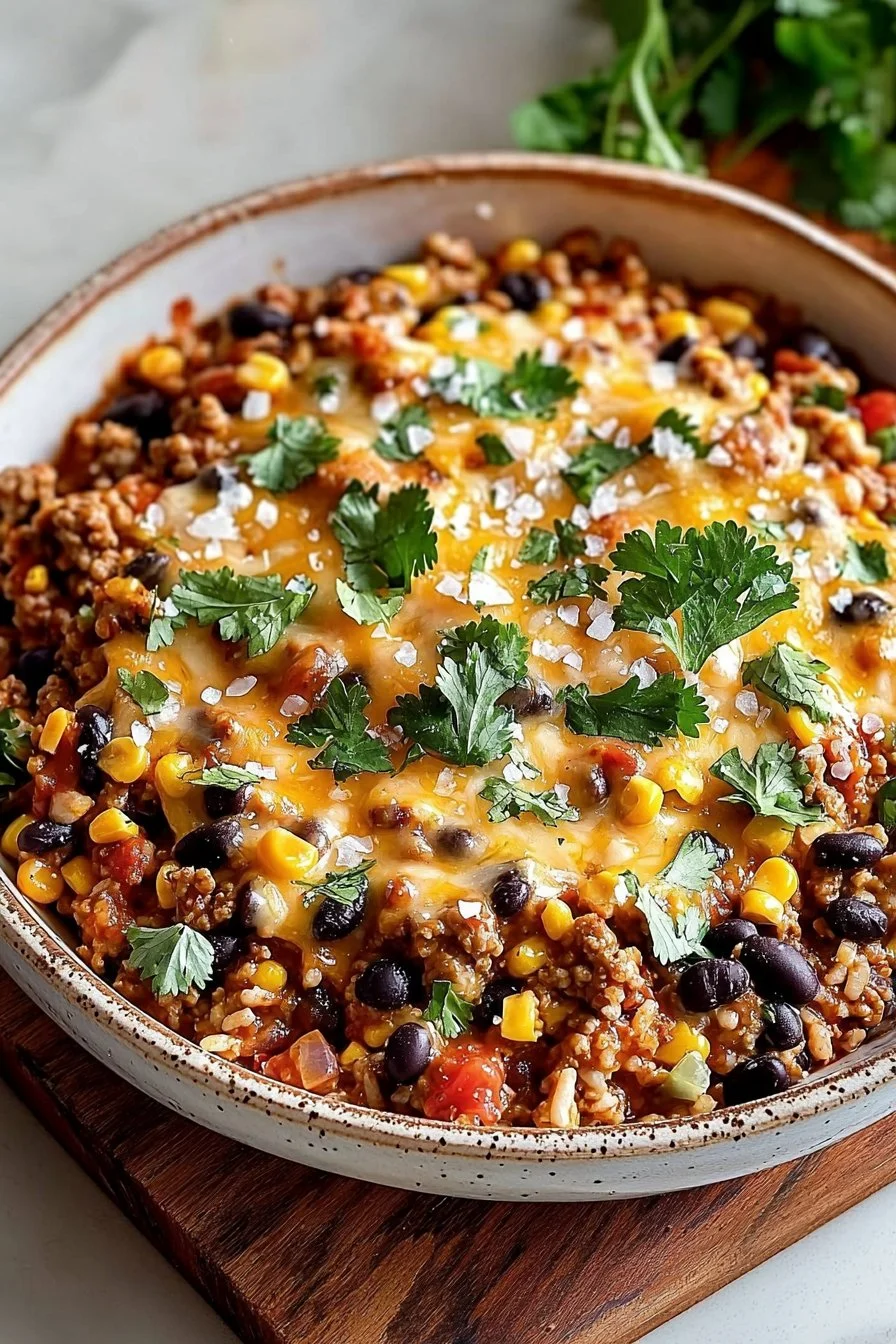 Mexican Ground Turkey Casserole topped with cheese and fresh ingredients