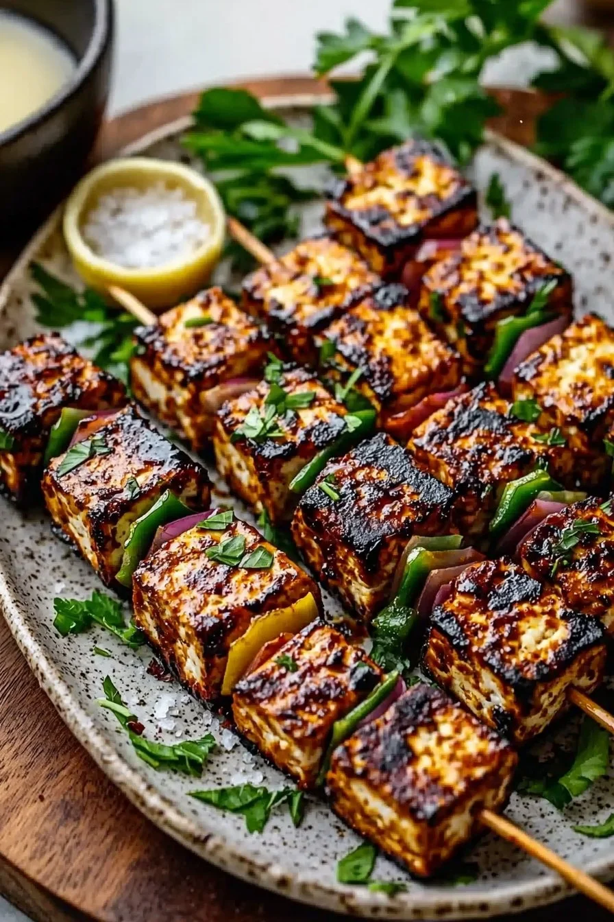 Grilled Middle Eastern Tofu Kebabs served with fresh vegetables and herbs