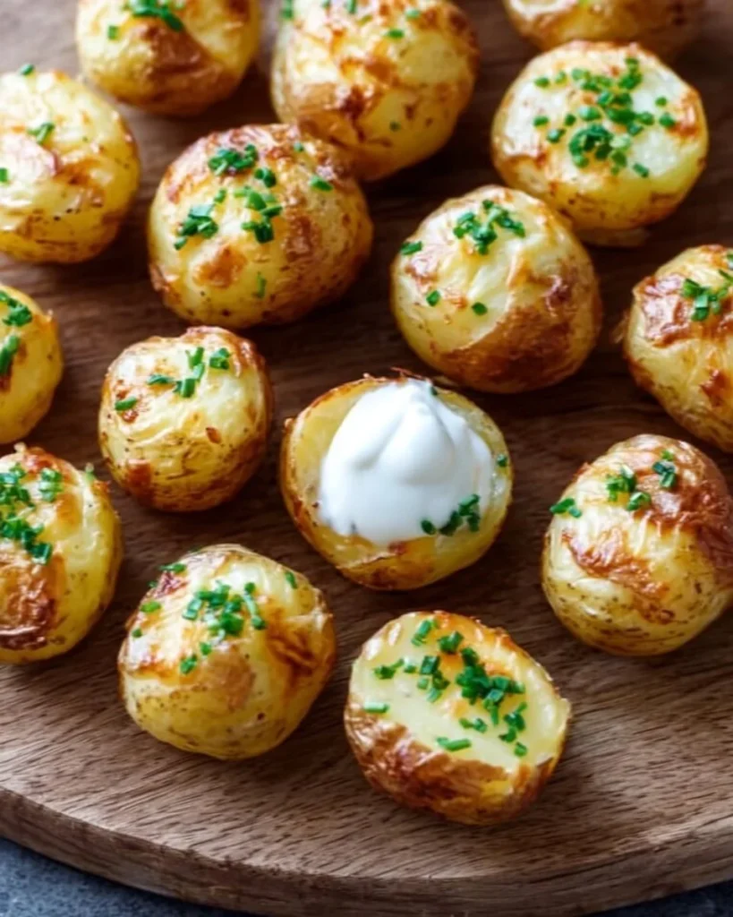 Mini baked potatoes appetizer topped with cheese and herbs.