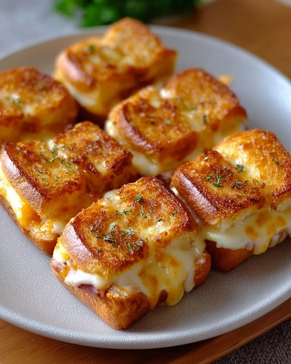 Mini grilled cheese Hawaiian rolls stacked on a plate, deliciously gooey and cheesy.