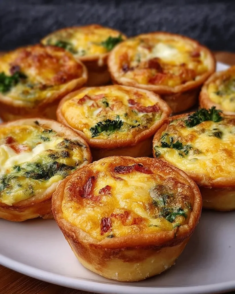 A plate of freshly baked mini quiches with various fillings and toppings.
