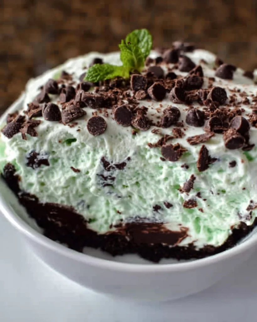 Mint Chocolate Chip No Bake Dessert served in a glass dish with mint leaves