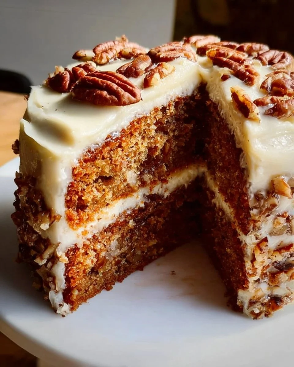 Moist hummingbird cake with cream cheese frosting and tropical fruit toppings