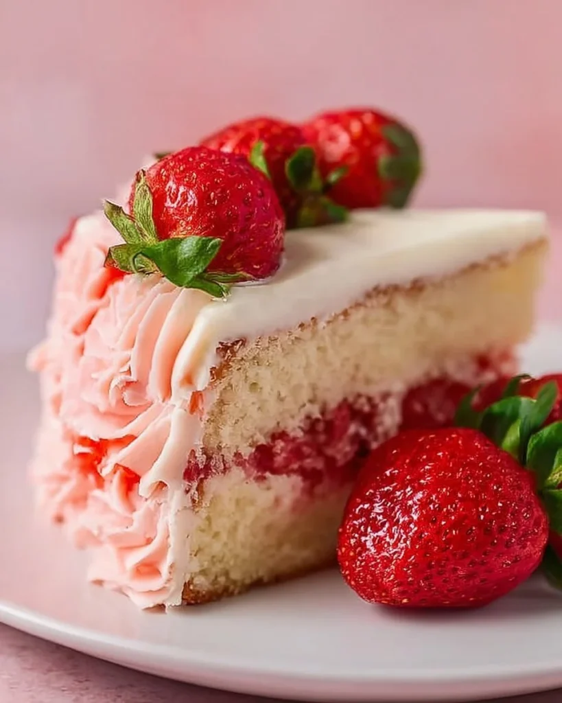 Moist strawberry cake with cream cheese frosting served on a plate