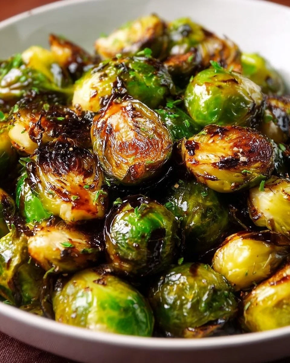 Roasted Brussels sprouts glazed with balsamic vinegar, garnished and ready to serve.