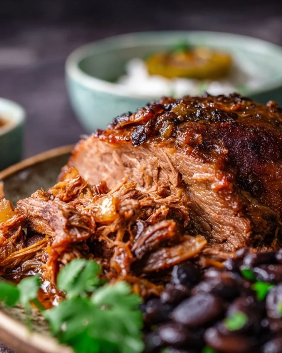 Slow cooker spiced beef roast garnished with herbs and spices