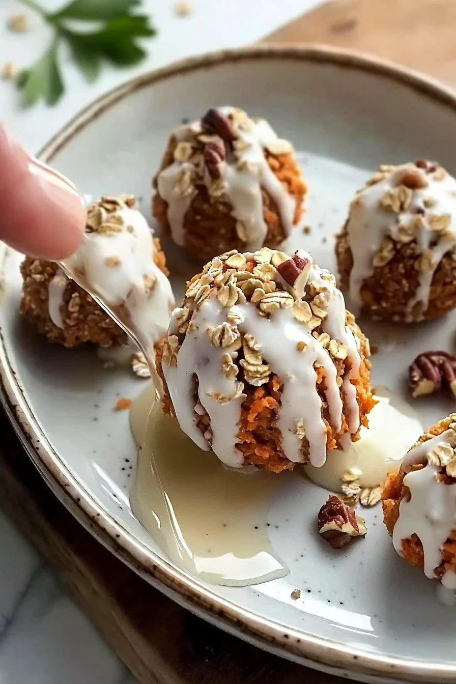 No Bake Carrot Cake Bites with a creamy topping and garnish