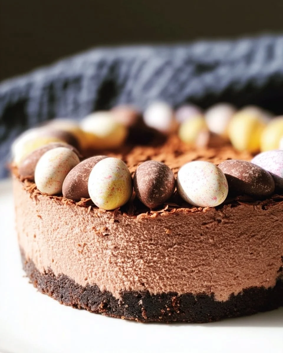 No Bake Chocolate Candy Cheesecake topped with chocolate and candy pieces