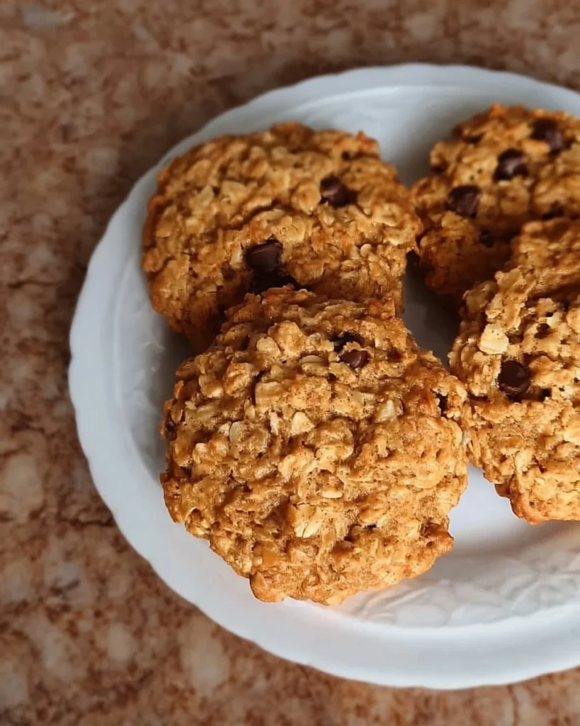 Oatmeal protein cookies arranged on a plate, showcasing their chewy texture.