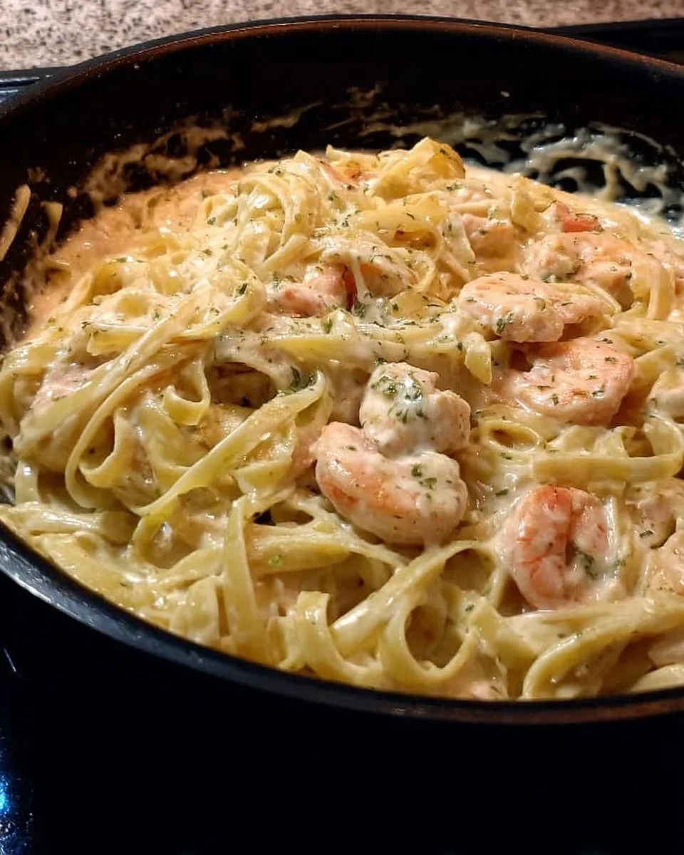 One Pan Chicken Fettuccine Alfredo served in a creamy sauce with chicken and pasta
