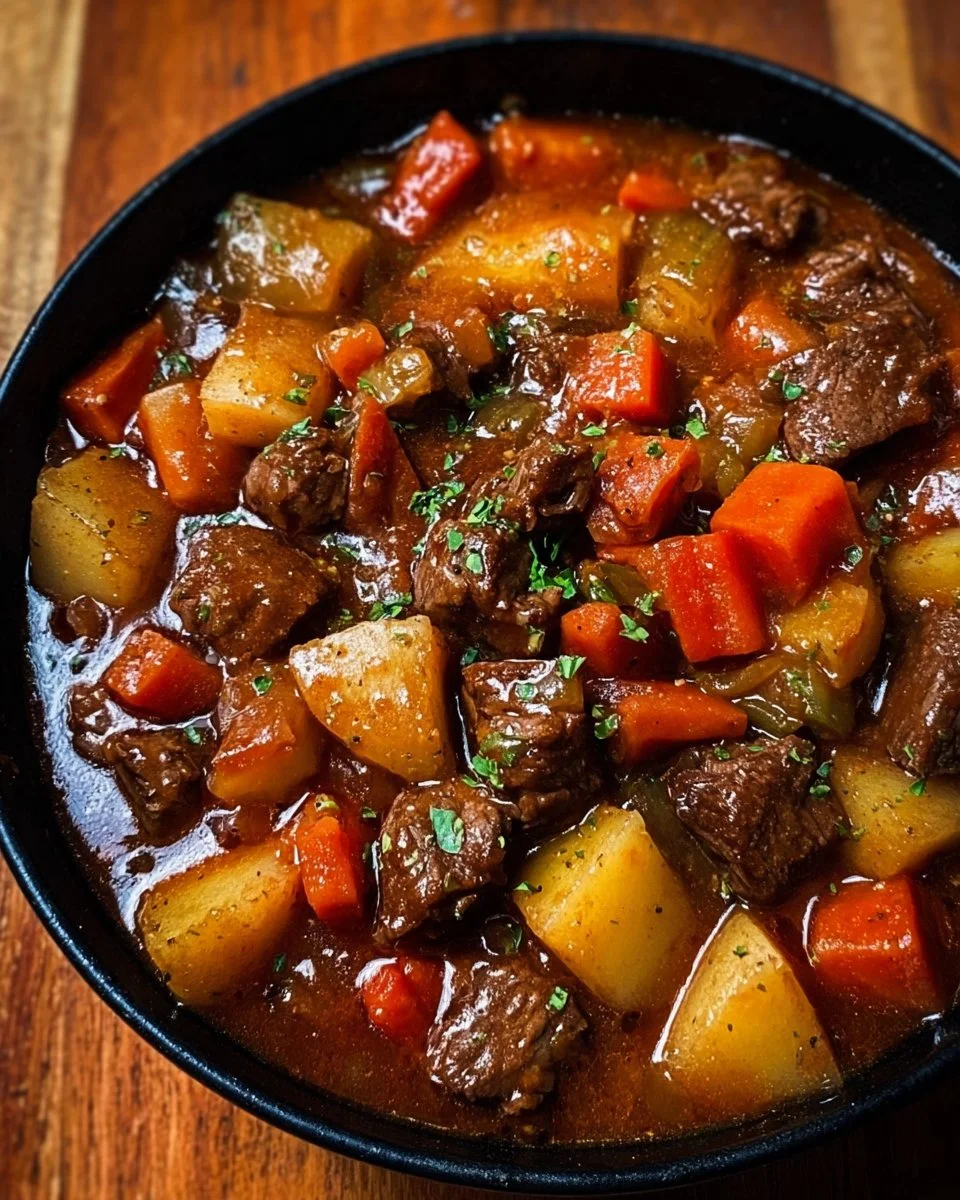 A hearty one-pot autumn beef stew filled with vegetables and rich flavors.