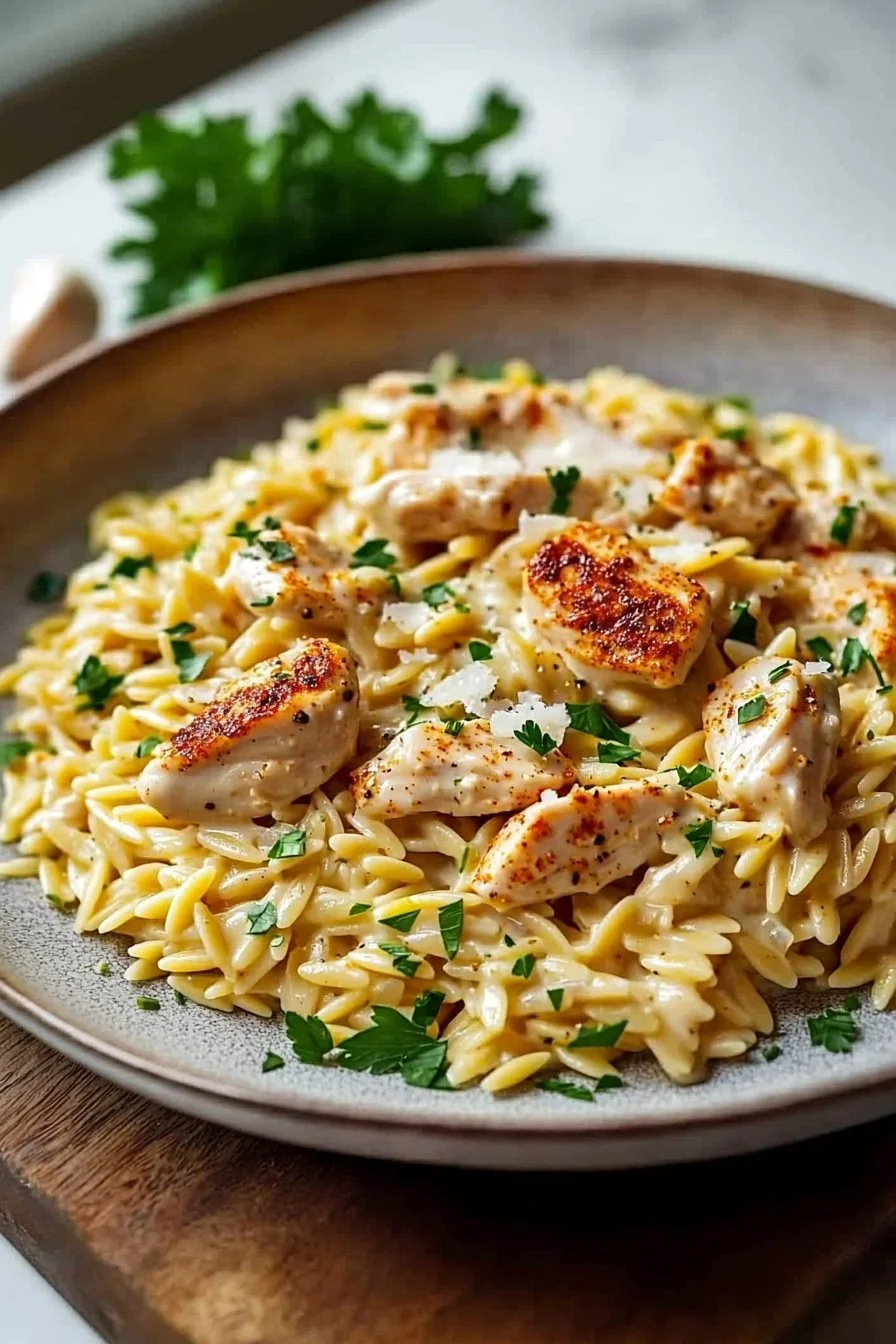One Pot Cajun Chicken Alfredo Orzo dish served in a bowl.