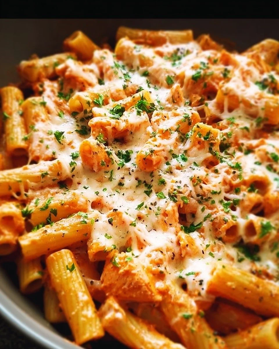 One Pot Chicken Parmesan Pasta with chicken and cheese in a creamy sauce